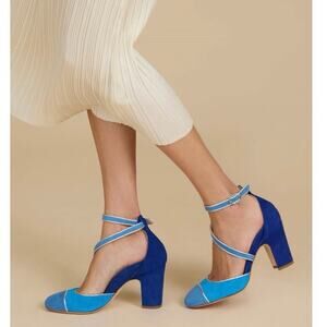 Mavette Nola D'Orsay block high heel sz 9 blue suede Italian designer chic artsy